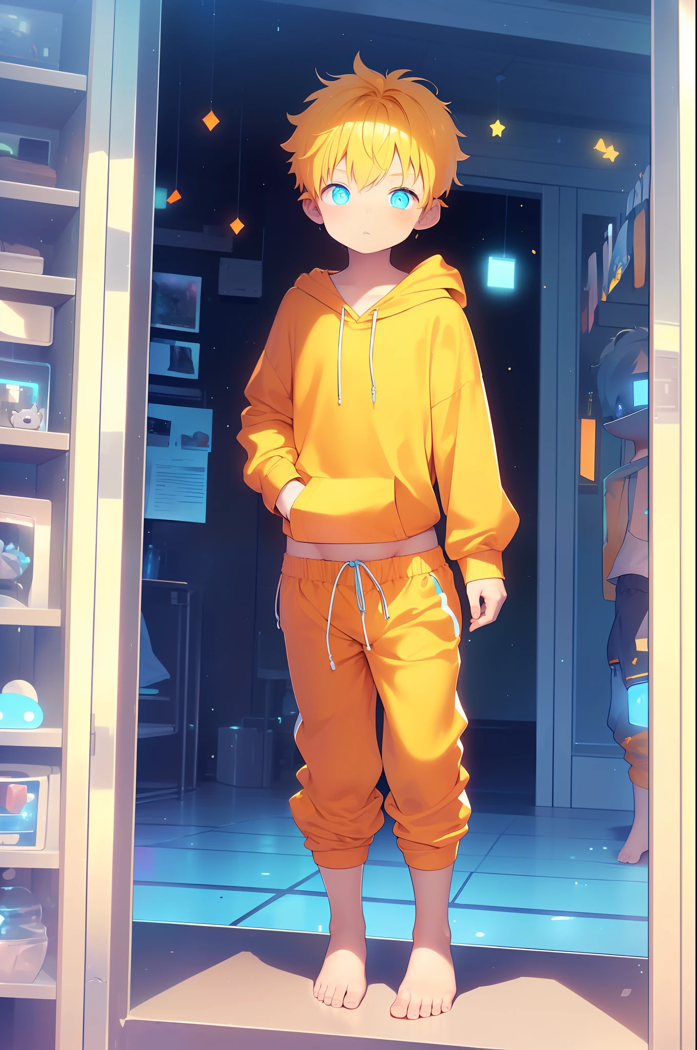 Little boy with Orange colored hair and shiny, glowing cyan eyes and barefoot and small feet, who wear a yellow oversized hoodie and sweatpants, die auf einem Fenstersims sitzen, flush, Jung, Junge, Kind, klein, , tiny feet, (Jogginghose:1.4), (Jung:1.4), (Kind:1.4), (Shota:1.4), (Kapuzenpullover:1.4),