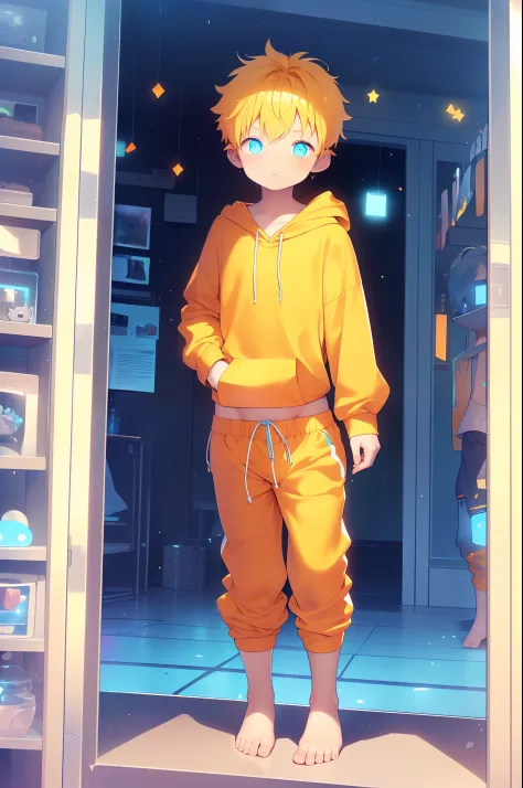 Little boy with Orange colored hair and shiny, glowing cyan eyes and barefoot and small feet, who wear a yellow oversized hoodie...
