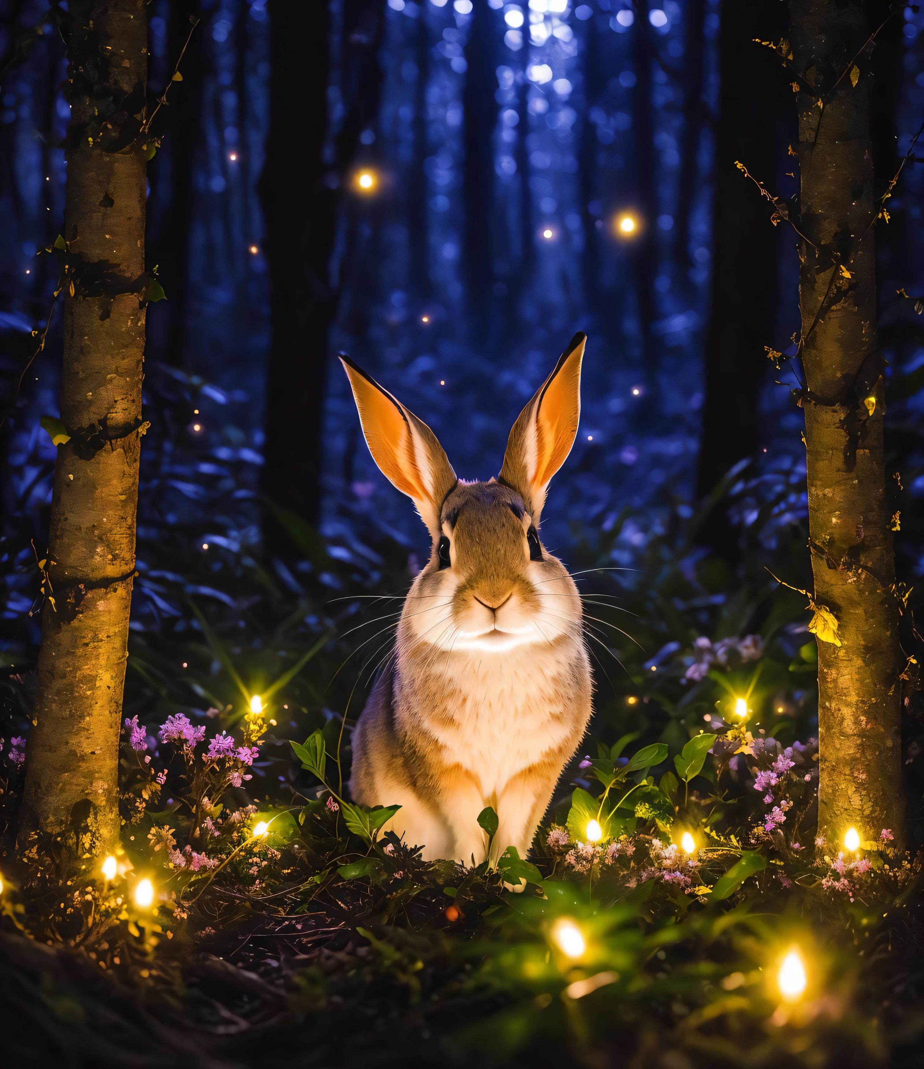 Foto de cerca de un conejo en un bosque encantado, Noche, Luciérnagas, niebla volumétrica, halo, floración, atmósfera dramática, centrado, Regla de los tercios, 200 mm 1.toma macro 4f