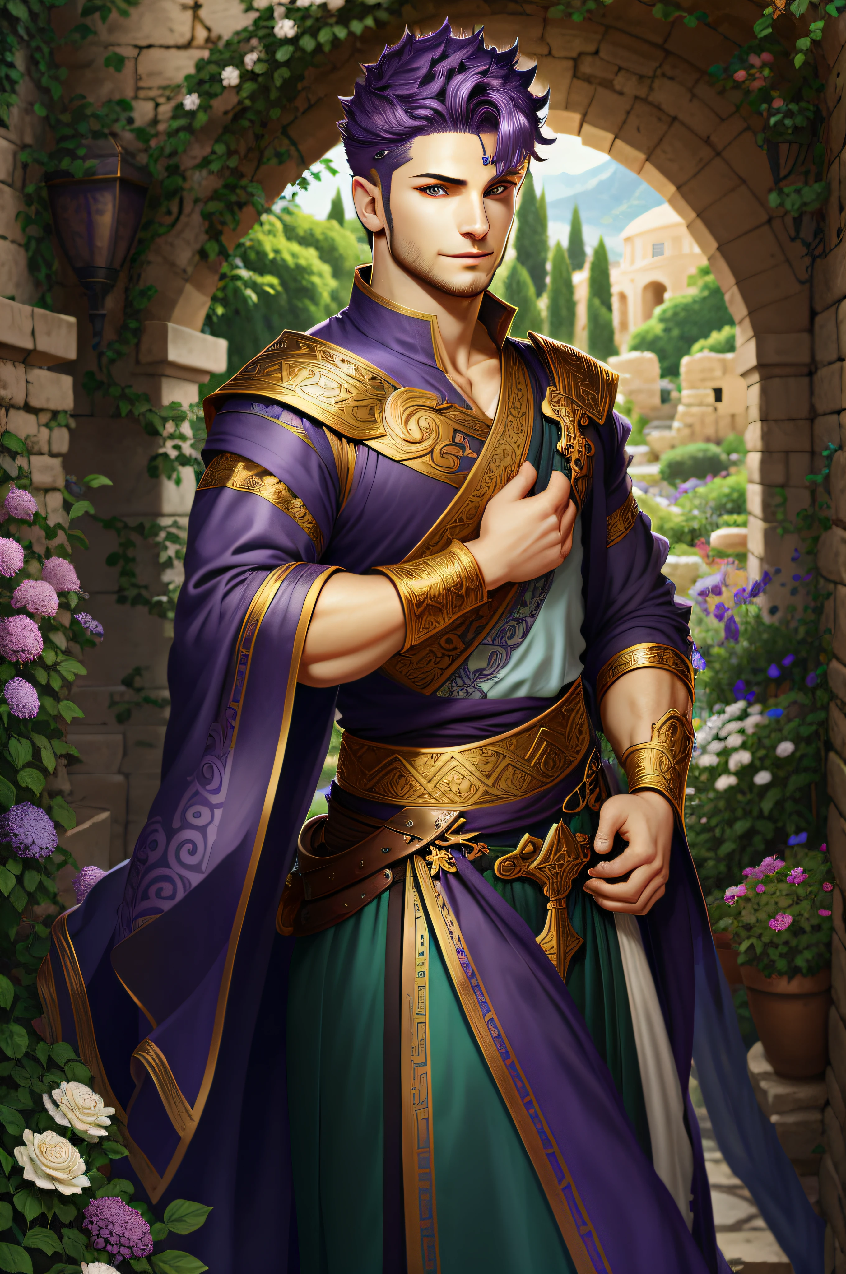 lamia, purple hair, short hair, green eyes, greek clothes,, fantasy, detailed eyes, in a garden, (young male:1.3), solo, no beard