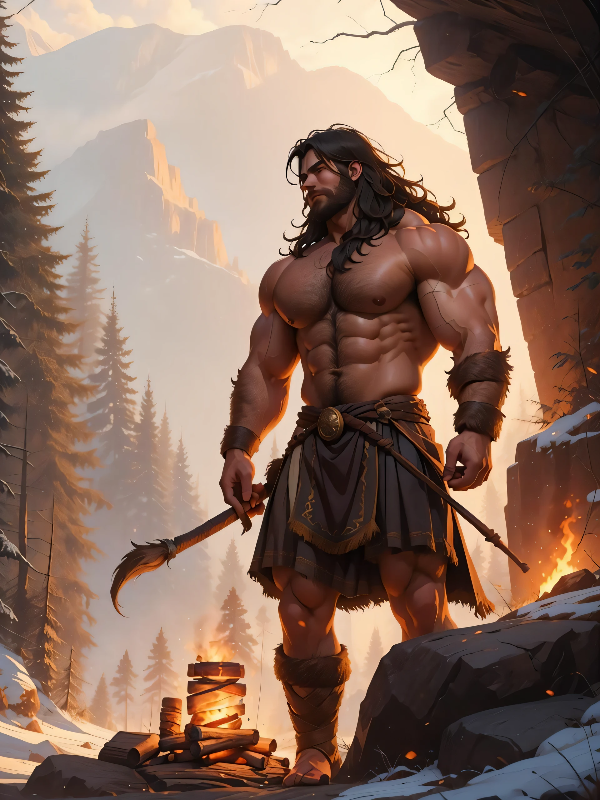 (1boy) (male) ((front view)) ((figure fills frame)) ((facing viewer))
Handsome, very detailed flawless face, detailed open eyes, very handsome, epic, heroic,
(muscular) bodybuilder, ((big muscles)), ((large pectorals)), narrow waist, long hair.
((hairy chest)), ((hair legs)).
Wearing fur loin cloth, carrying a wooden spear.
Emerging from a (dark cave) entrance. It is (night), the only source of light is a campfire out of view to the right.
Highly detailed fantasy art, dramatic volumetric light, artstation, beautiful modern fantasy illustration.