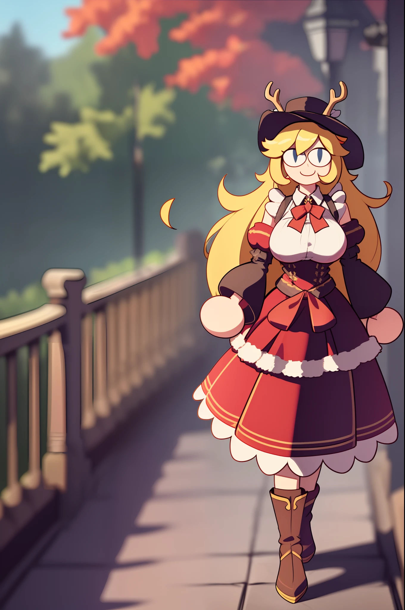 necoarc,r, red skirt, skirt, yellow bow, antlers, black bloomers, detached sleeves, hat, pom pom \(clothes\), red headwear, tassel, 2d, cartoon, skirt, thicc body, huge breast, long dress,, walking, pullover,vest,maid, long hair , blond hair, big skirt