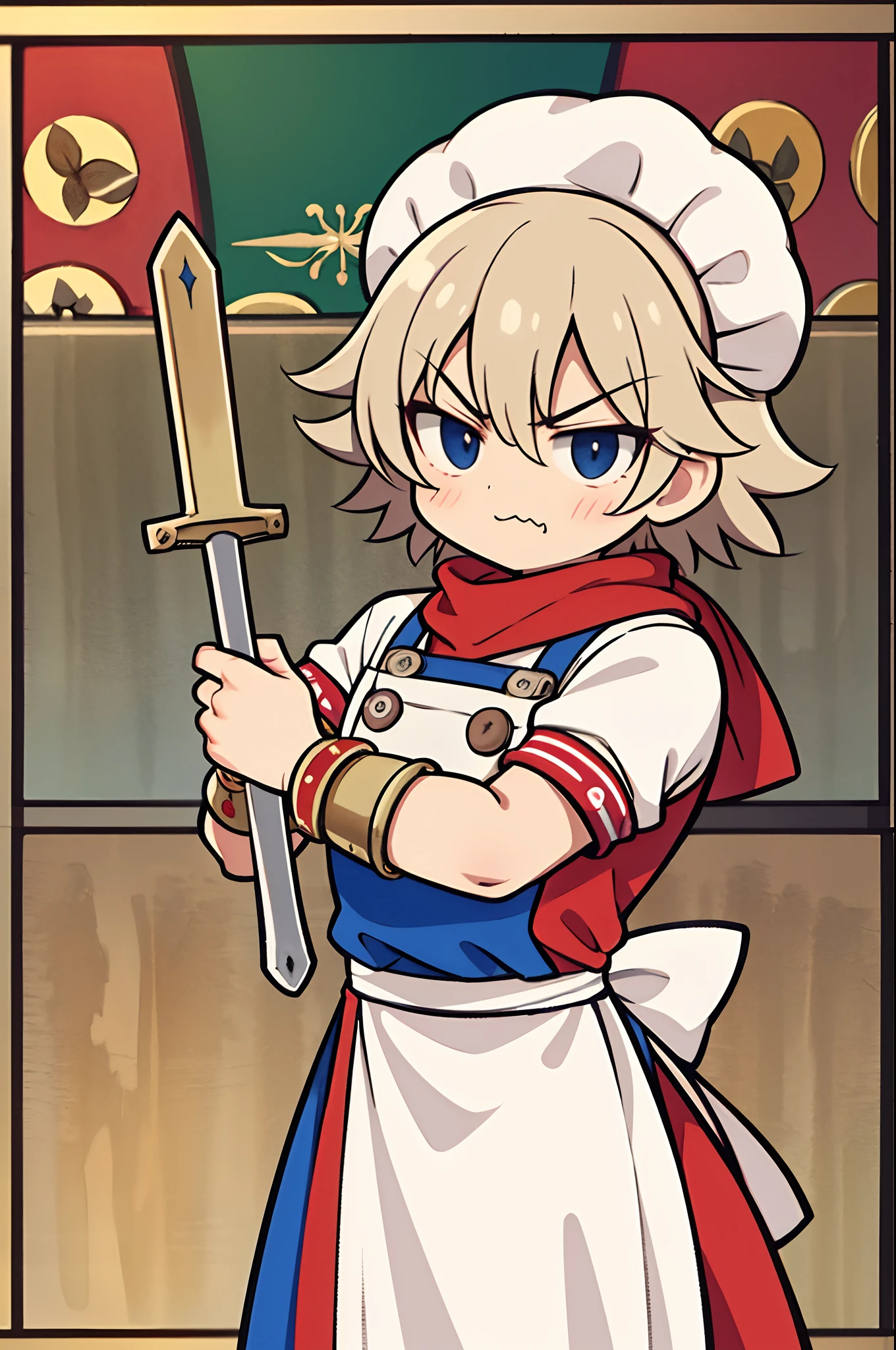 cooker, chef, pan in hand, by bestiary_style, masterpiece, best quality, perfect arms, perfect hands, chef uniform, fight pose, angry face, rpg, octopath traveller