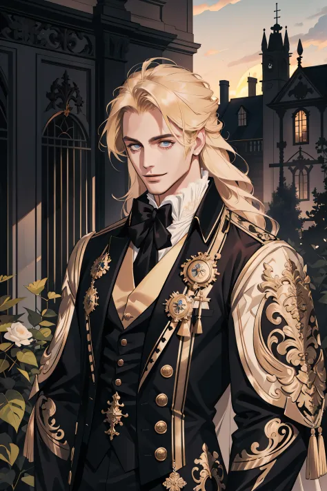 (masterpiece, best quality), 1 male, adult, handsome, tall muscular guy, broad shoulders, finely detailed eyes and detailed face, extremely detailed CG unity 8k wallpaper, intricate details, long blond hair, large 18th-century baroque mansion, garden, nobl...