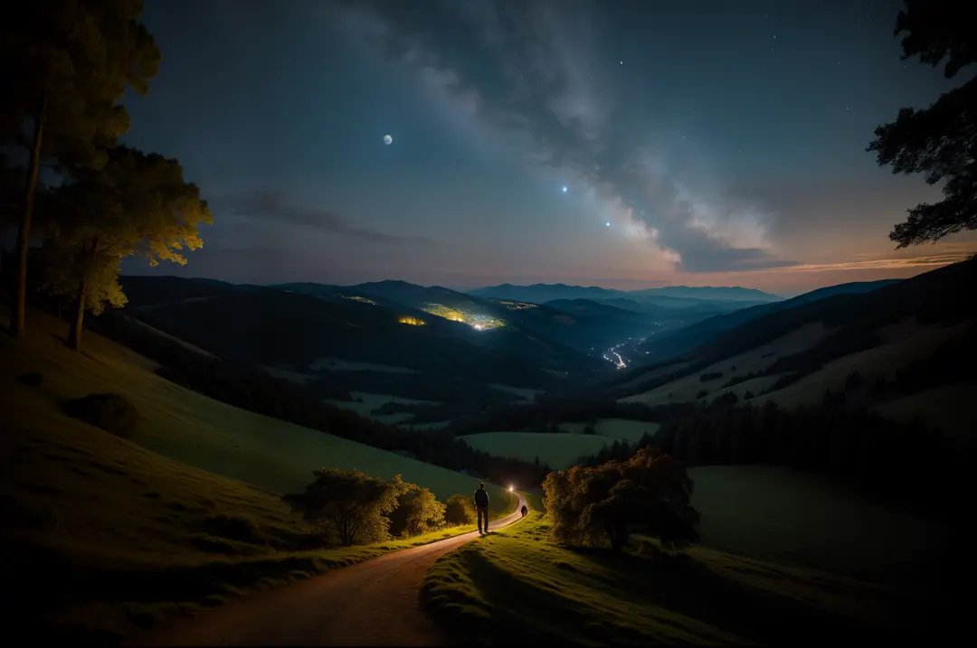 Portrait of a young young man walking at the of a hill, surrounded by big trees. View of the valley below. Magical and quiet atm...