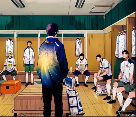 a anime of a boys manga volleyball, text manga, color manga, manga color, color manga, color manga panel, simple background