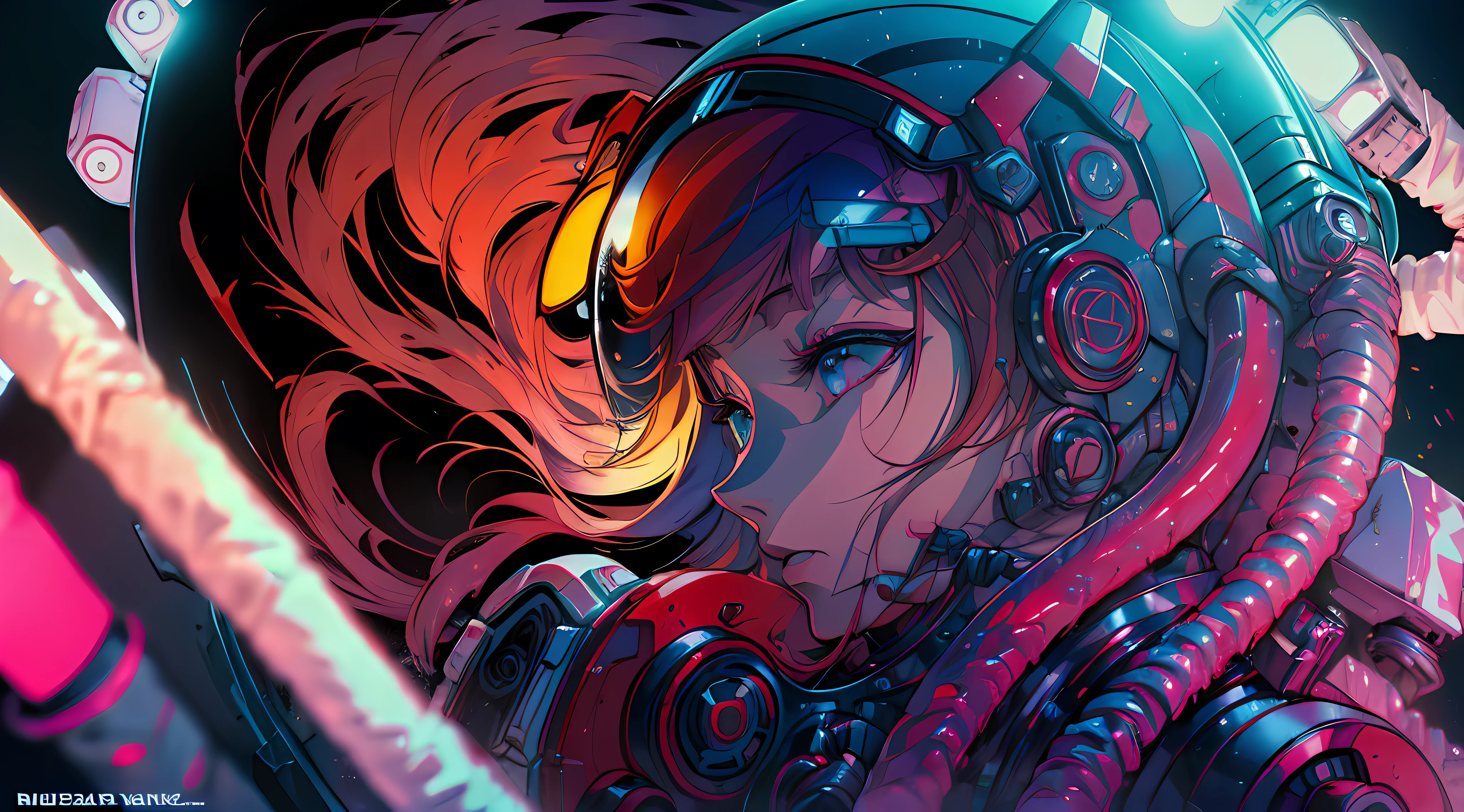 un gros plan d&#39;une personne aux cheveux rouges et un casque, fille animée cyberpunk mech, digital art animé cyberpunk, female fille animée cyberpunk, fille animée cyberpunk in hoodie, art cyberpunk animé, fille en cyber-armure mecha, art animé cyberpunk, fille animée cyberpunk, cyberpunk femme rousse, anime cyberpunk moderne, Cyber Noir, balances au néon et technologie cyborg, anime cyberpunk,briller le métal,netteté,tracé laser