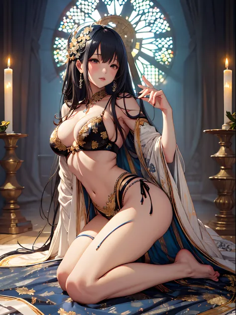 （Enrich the picture，Masterpiece level quality）Beautiful 8K CG artwork，Goddess-like posture，Kneeling exercise，Slim and soft，Translucent skin，Black hair、The beauty of extra-long hair, Super Long Straight Hair，The skin is fair and juicy，Big JK Uniform，Perspec...