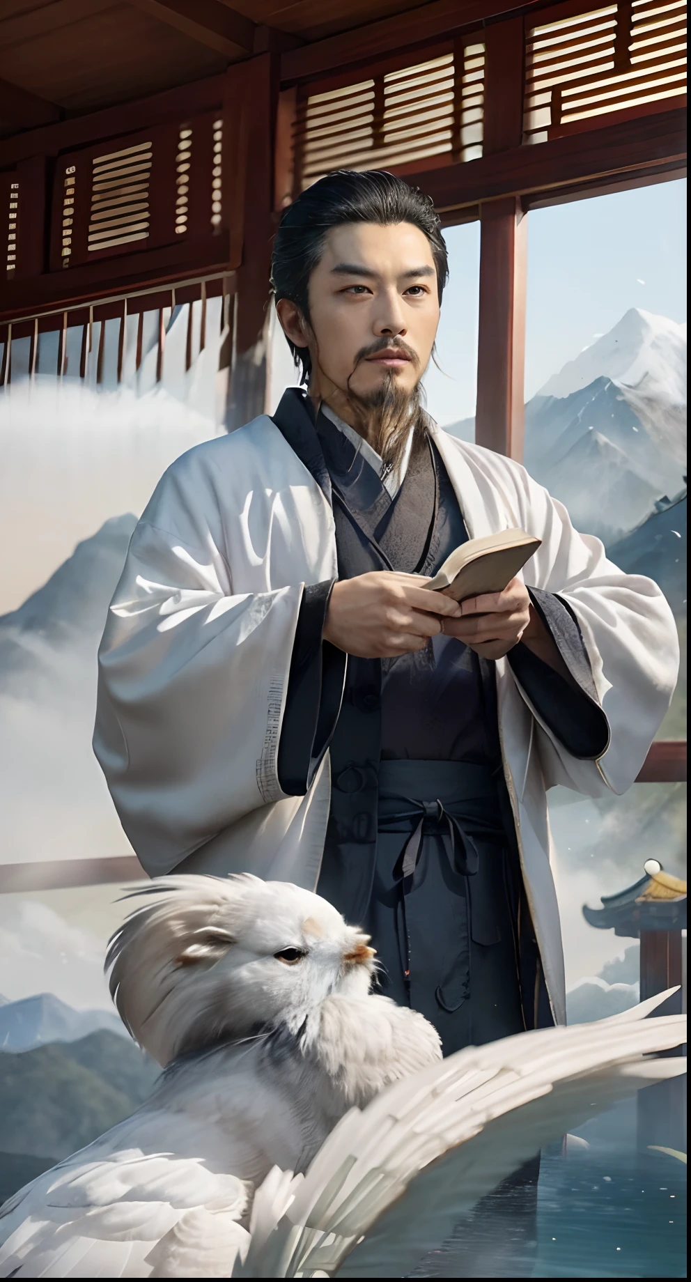 In this image，We see a brilliant poet from the Ming Dynasty，Wang Yangming。He was dressed in a sumptuous silk robe，The clothes are fluttering，Show his dashing demeanor。His face was gentle and dignified，It reveals the politeness of his heart。Yangming's eyes were bright and shining，It seems to be able to see everything in the world。There was a hint of confidence and wisdom between his eyebrows，It shows his unique charm as a poet。 The surrounding environment also complements Yangming's temperament。Yangming stood in an ancient book fast，The shelves are filled with ancient books and classics，It shows his pursuit of knowledge and wisdom。The window behind Yangming shone through the faint sunlight，Sprinkle on him，It added a mysterious glow to him。On the wall of the book is a landscape painting，The mountains are undulating in the painting，The water is rippling，It gives a feeling of tranquility and remoteness。 Yang Ming held a brush in his hand，A poem is being written。His brushstrokes are smooth and free，Every stroke is filled with his inner emotions and thoughts。His poetry is full of respect for nature、Reflections on life and human nature，and the pursuit of morality and human ethics。Yangming's poetry is more than just a combination of words，It is also an expression of the soul，It touches people's hearts，Resonates。 The whole picture exudes a classical and elegant atmosphere，It makes people feel like they have traveled back in time to the cultural prosperity of the Ming Dynasty。The presence of Yangming makes the whole picture full of vitality and charm，His image became a typical image of the Ming poet in people's minds。This painting makes people feel Yangming's unique charm and his love for the art of poetry，At the same time, it also makes people think more deeply about the splendor of Ming Dynasty culture and the beauty of poetry。