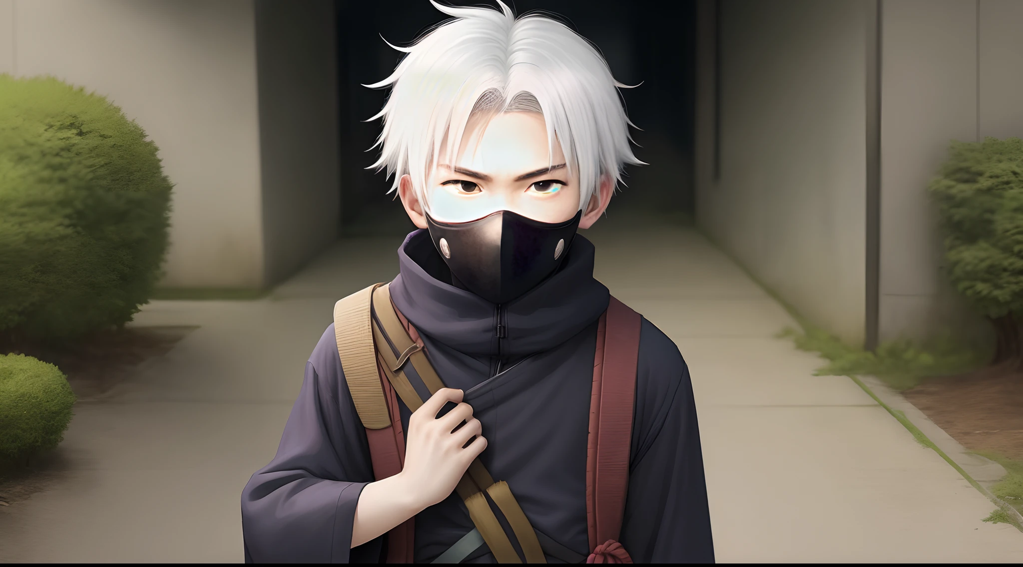 Anime character with white hair and a black mask SeaArt AI