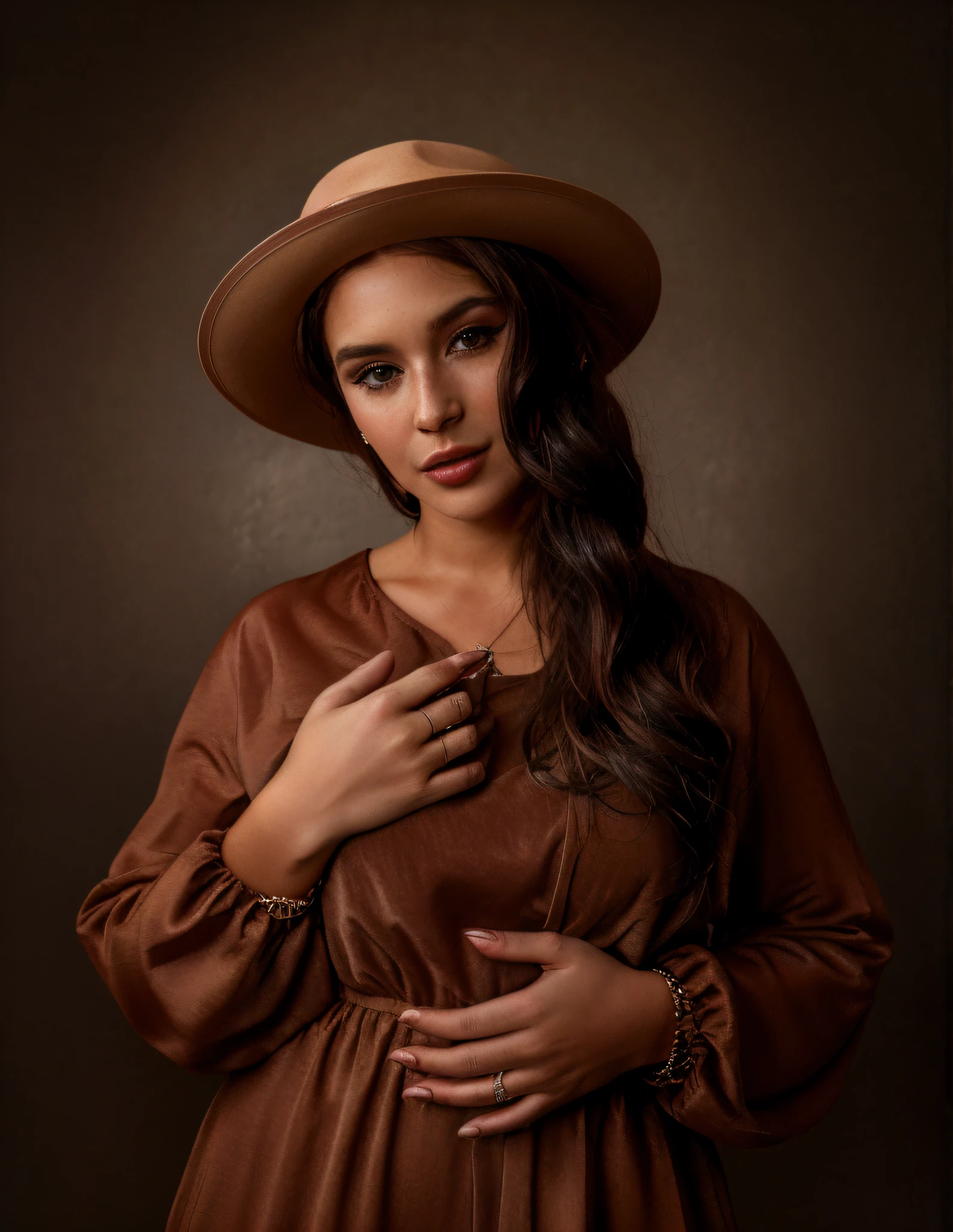 Arafed woman in a brown dress and hat posing for a photo, fotografia de retrato fine art, photoshoot retrato de alta qualidade, retrato editorial, 8k artistic portrait photography, retrato da fotografia da moda, woman with hat, dramatic portraiture of namenlos, dramatic portrait, medium portrait soft light, foto de retrato, retrato de moda, retrato da fotografia, Retrato de 60mm, foto retrato da moda