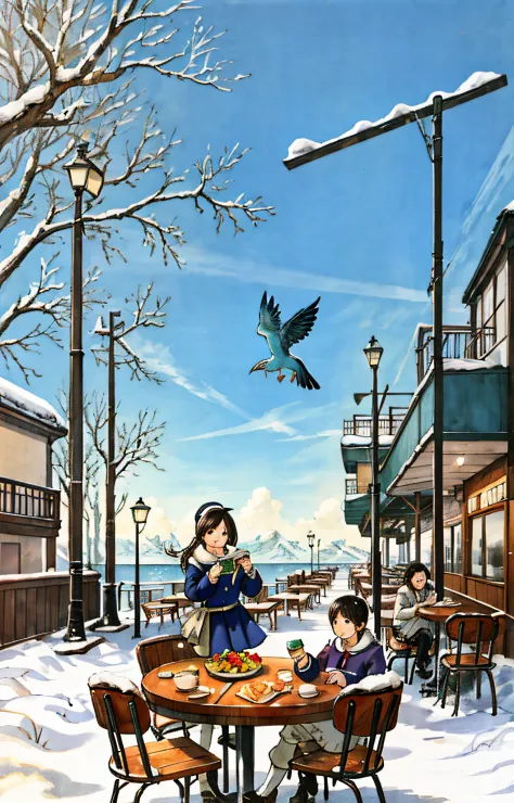 best quality, detailed background, girl,sea, cafeteria, bird, snow, winter,