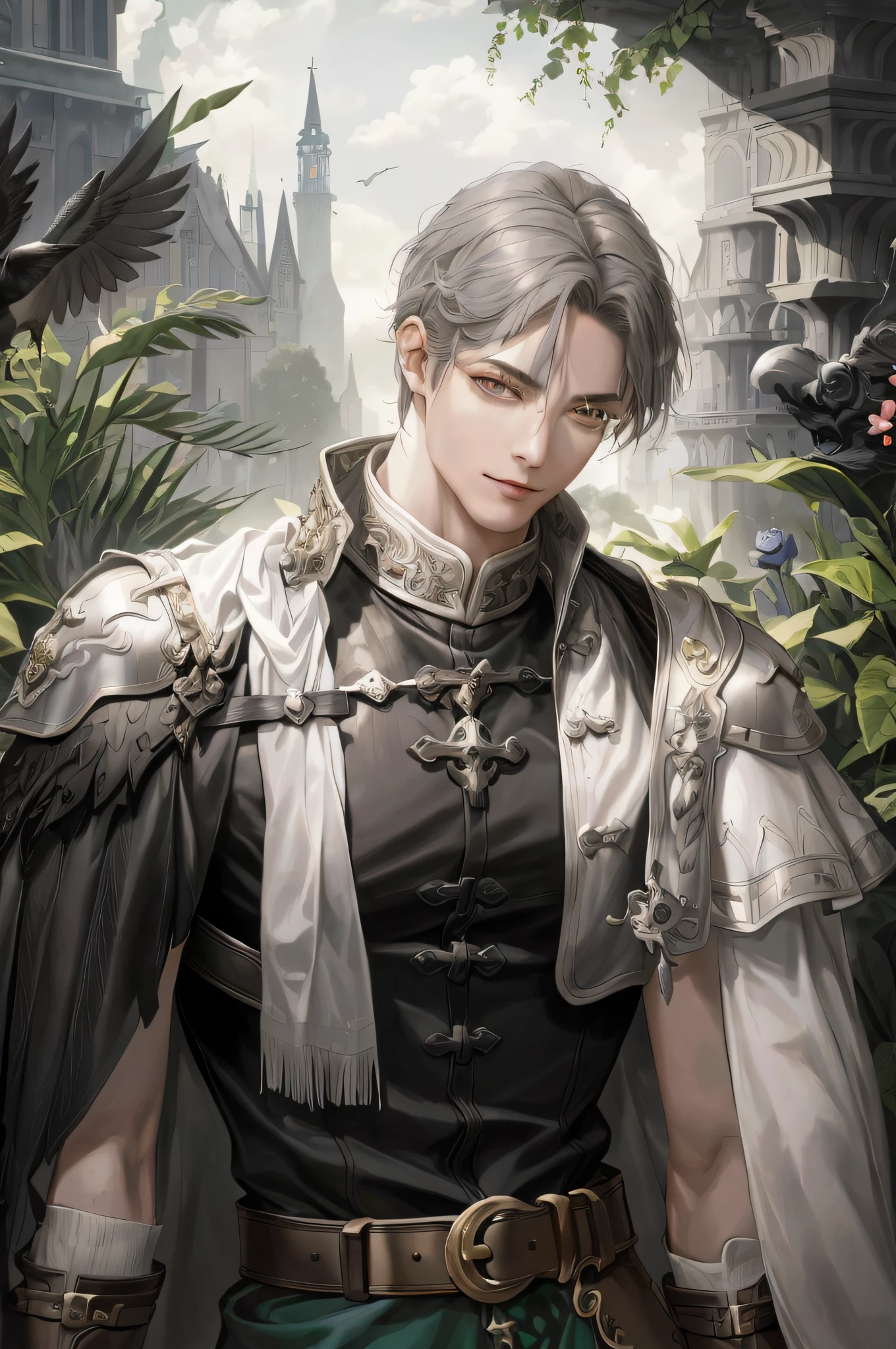 There is a man in a medieval outfit standing in a garden, Beautiful androgynous prince, delicate androgynous prince, por Yang J, cara bonito na arte demon slayer, retrato masculino da fantasia, Um retrato de um elfo masculino, Directed by: Yang Jin, inspirado em Bian Shoumin, g estilo de arte liuliano, casimiro arte, por Ye Xin, handsome prince, ((ultra-detailed)), (((human hand))), (((five-fingered hand))), (((detailed hands))), (((detailed fingers))), fingers without deformations, (((Detailed eyes description))), greater contrast, 4k, 8k, hyperrealistic, (((detailed face))). (((88% hire))),