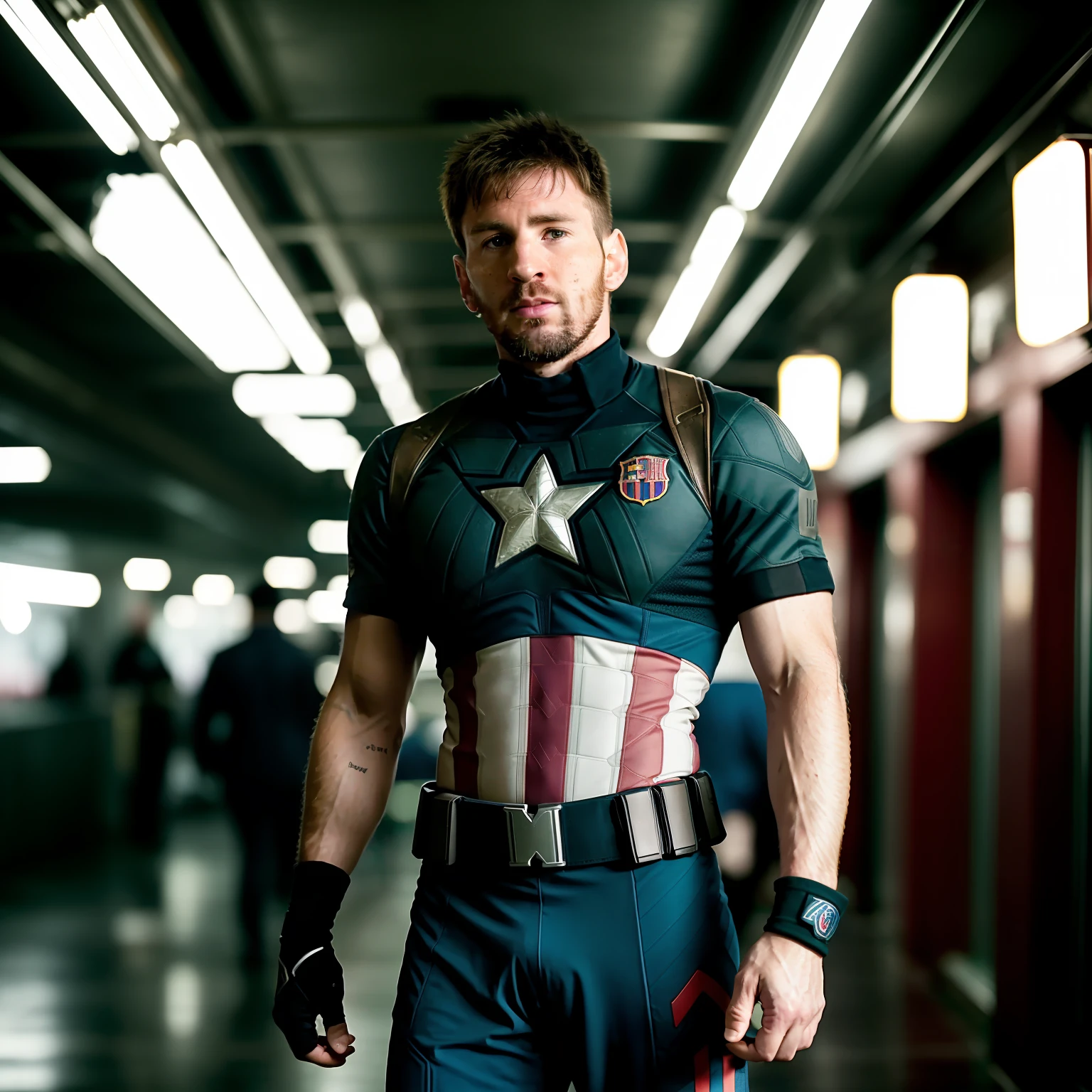 Portrait of Messi's person as Captain America, em Blade Runner, fotografia profissional, Cloudport, Huang-Guang-jian,