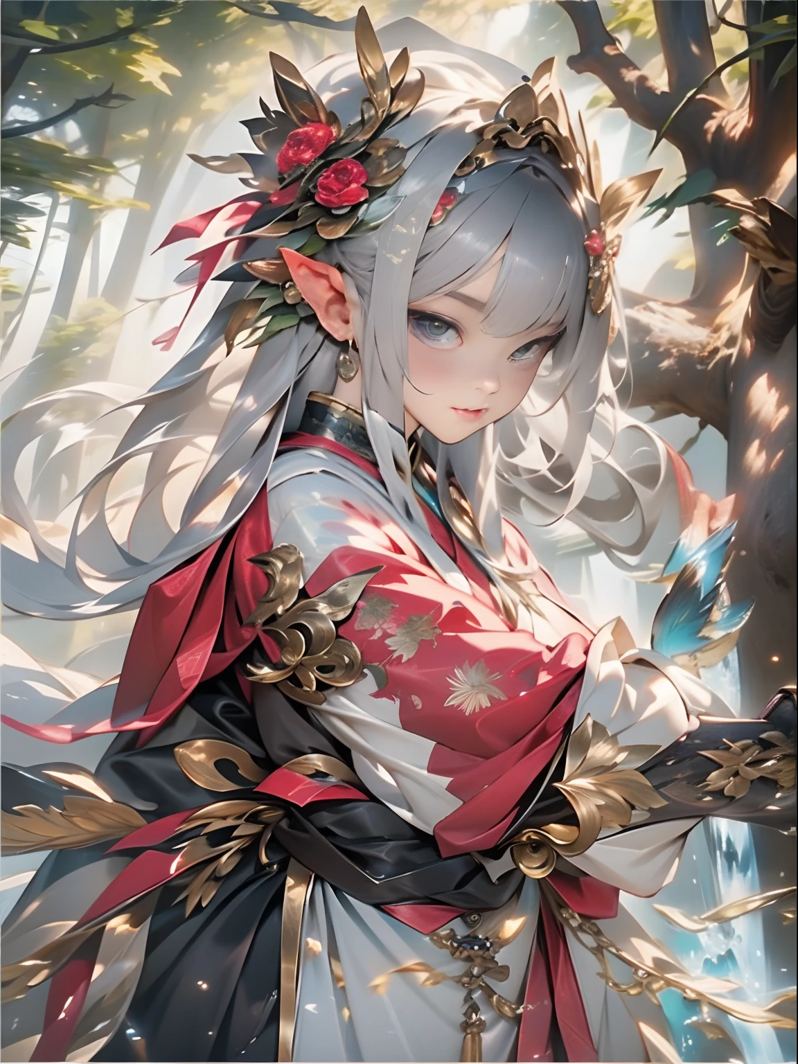 full body Esbian, Master Parts,Best Quality,super detailing,8K,Textured Leather,1 adult female,、elvish、（Japan ancient clothing、shrine maiden、Female priesthood、（Big sleeves、gown、Hakue、Baijiang、Manteau blanc、Crimson Hakama、Hibakama、Water drying、drunkard、Skirt、ni、Water Lead、elder、pick、Torimono））、Beautiful natural forest、Fantastical、dance