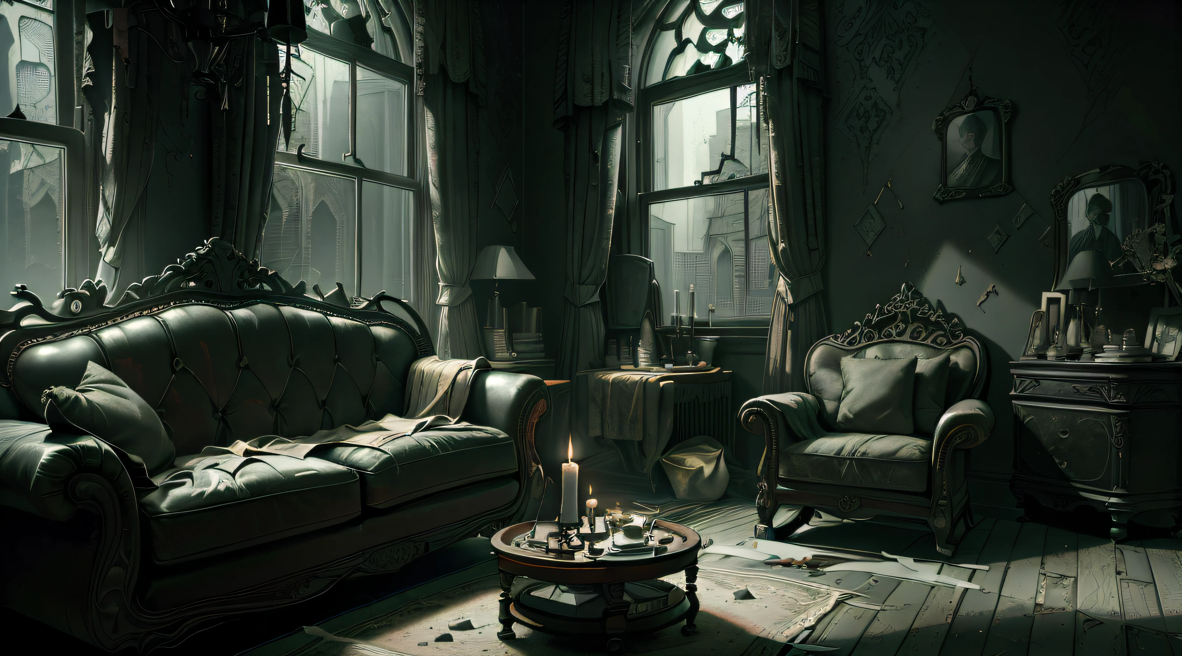 (interior design) (masterpiece) (ultra realistic) (raw) (picture of the whole room) (messy) (gothic couch, rocking chair, window) (old house, ripped wallpaper) (wide lens) (an old gothic scarry horror room) (blood on the wall) (dark) (candles) (candle lit) (paranormal feelings) (anamorphic lens) (night time) (haunted) (dirty) (god rays)