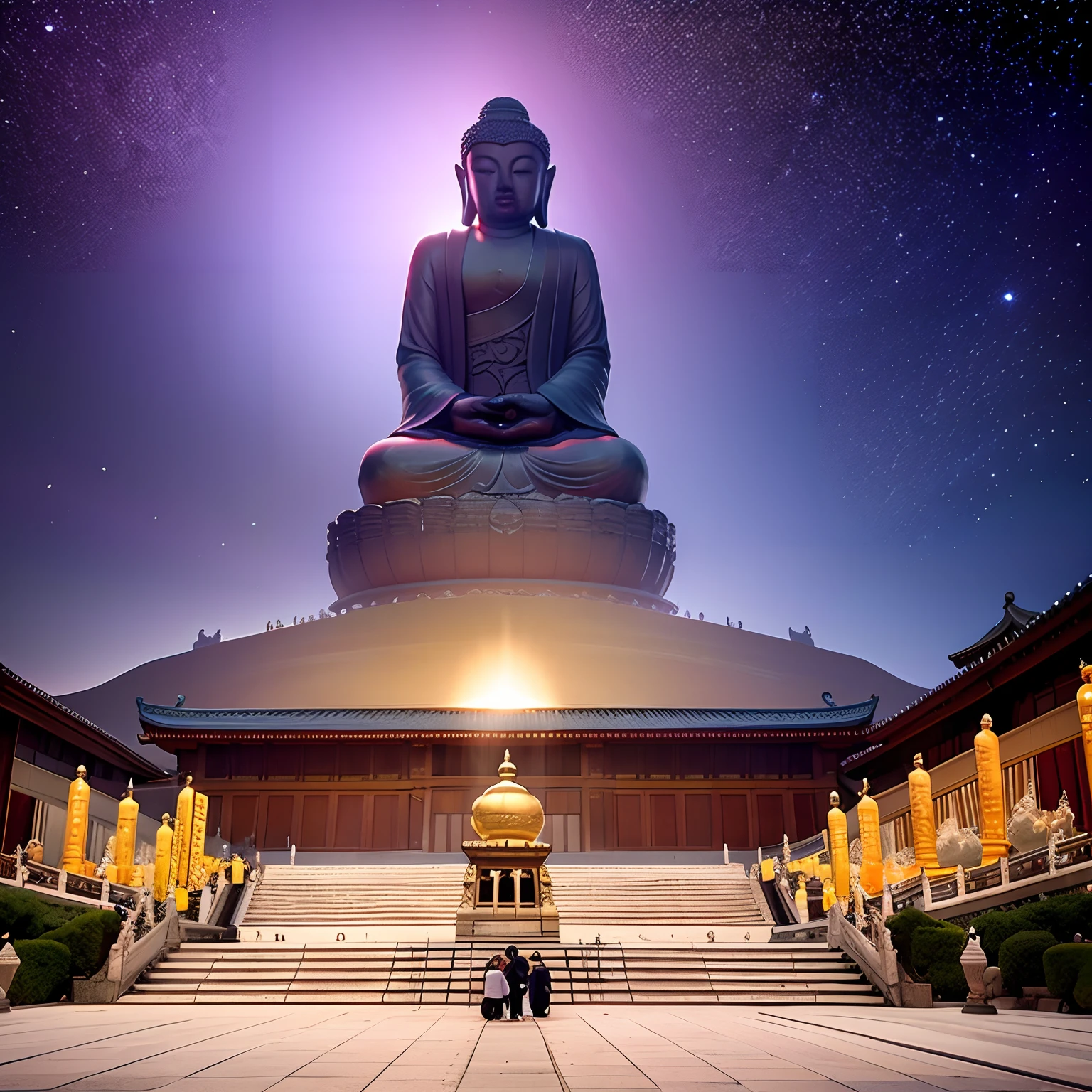 Ancient View of Majestic Lingshan Grand Buddha, Ancient Wuxi, China, Buddhist temple, excellent lighting Landscape, beautiful sunshine reflecting brilliant landscape, 3D, Super Detailed, magical