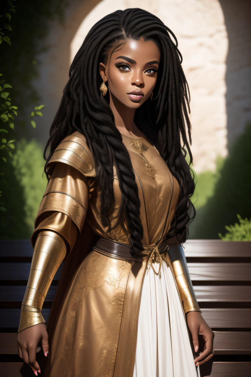 (原始工作)Um closeup de uma mulher jovem negra afro-descendente 長髮, 編織黑髮, 就像中世紀的奇幻人物, 長髮, 中世紀的衣服, 長髮, 中世紀布衣, 職業婦女, 專業攝影,(超現實),(超詳細),(更好的品質),(歐洲女人 :1.2),(超詳細),(環境模糊 :1.5),(深層環境)