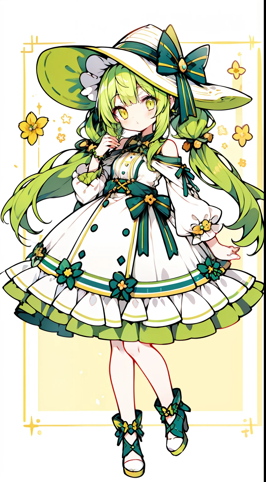 full body Esbian、Standing picture、One girl、​masterpiece、top-quality、Top image quality、Yellow-green hair、yellow  eyes、Twin-tailed、low twintails、summer hat、a wide-brimmed hat、summer  dress、White summer dress、ren、Summer background