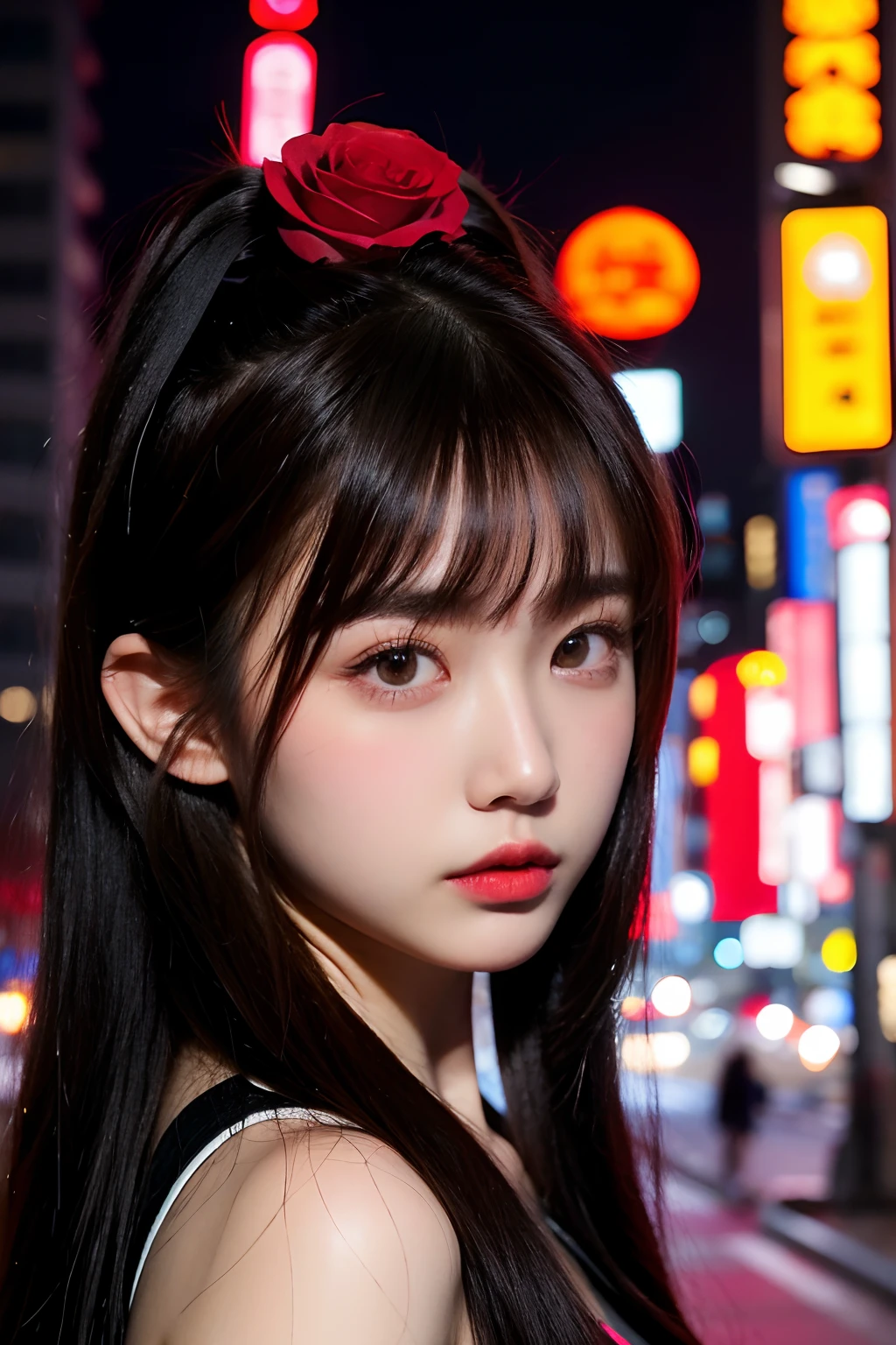 1girl, Tokyo street,night, cityscape,city lights, upper body,close-up, 8k, RAW photo, best quality, masterpiece,realistic, photo-realistic,headgear of red rose, parted bangs, long hair,