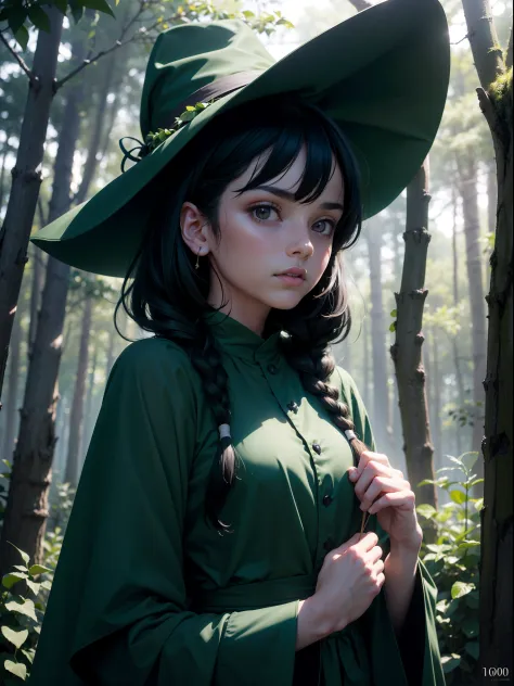 (simple green witch robe and big green shirt,cute girl with simple green witch big hat and braid, cute black hair girl, approx.1...