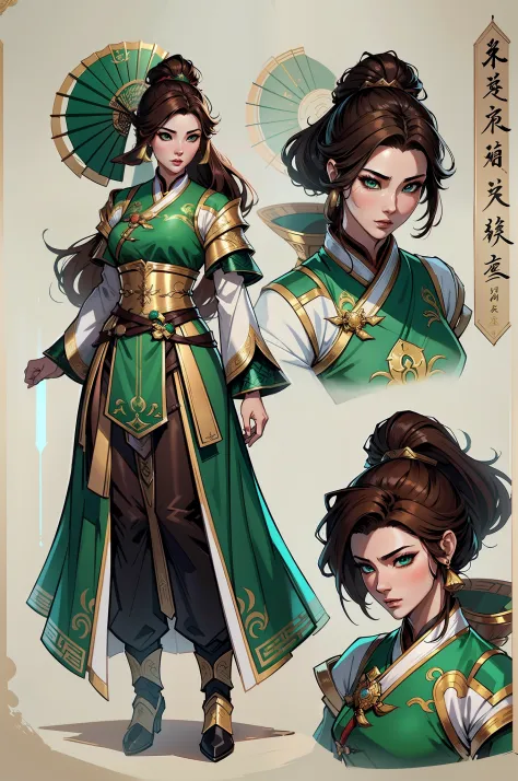 a close up of a woman in her 30's, with green eyes and brown hair, wearing a green and black ball gown dress, a heroine in wuxia...