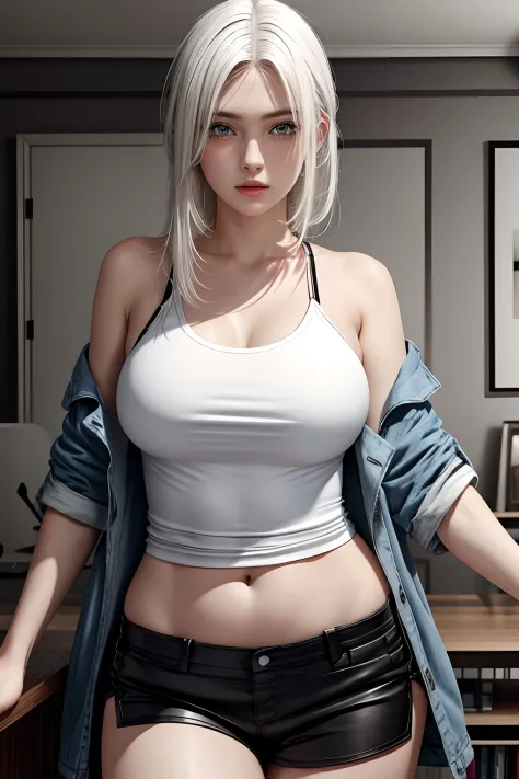 photorealistic, high resolution, 1 girl, white hair, blue eyes, loose white shirt, tight black shorts, thick thighs