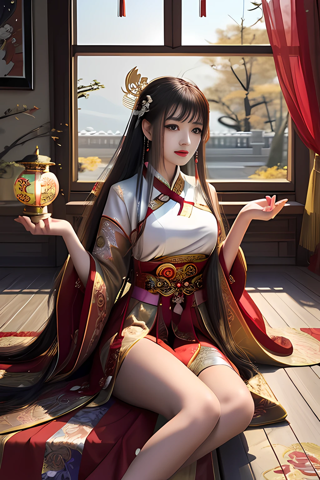 The princess in a red and gold dress sits on the floor, royal palace ， A girl in Hanfu, china goddess, a beautiful fantasy empress, Chinese costume,, Chinese style, White Hanfu, Hanfu, Anime goddess, Chinese traditional, with acient chinese clothes, Wearing ancient Chinese clothes, bian lian, Inspired by Lan Ying