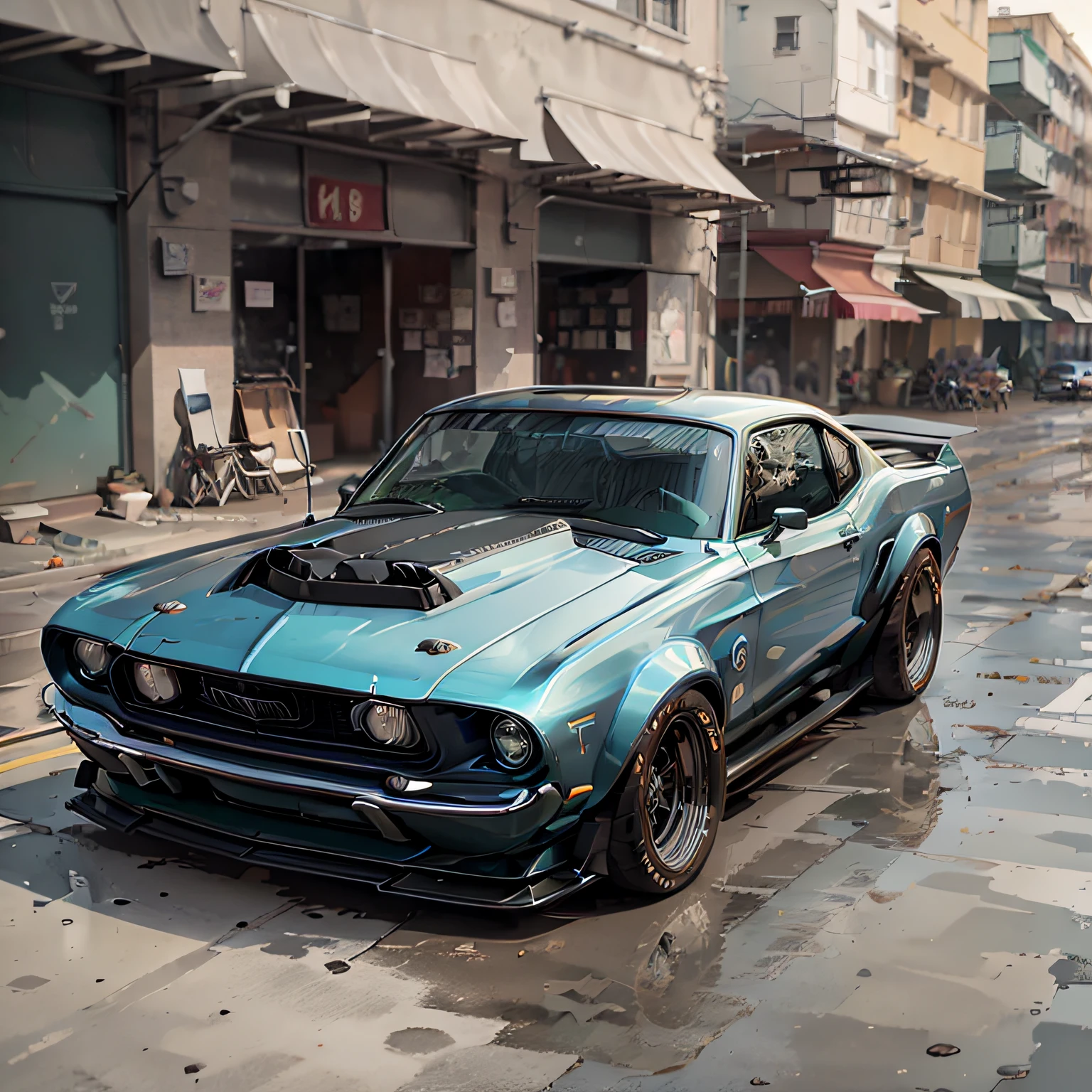 Graphic design, flat design, 1968 Ford Mustang Black Shelby, watercolor splashes, clean highly detailed, photorealistic masterpiece, professional photography, realistic car, abstract watercolor background, isometric, vibrant color vector, sharp focus, volumetric mist, 8k UHD, DSLR, high quality, grain film, Fujifilm XT3