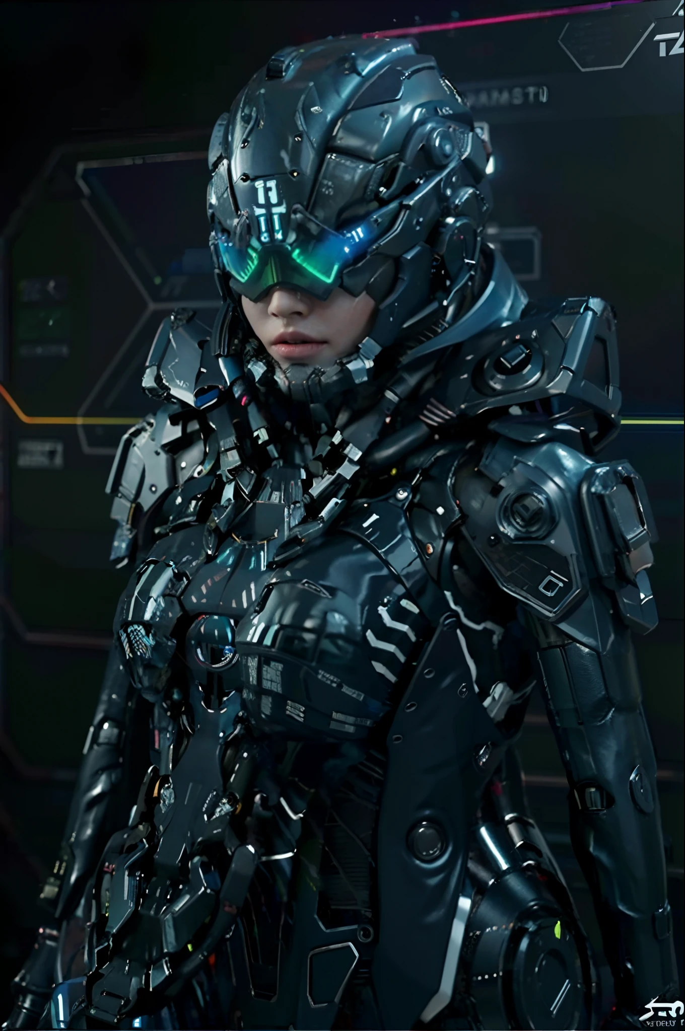 ((Best quality)), ((masterpiece)), (highly detailed:1.3), 3D,full body portrait,rfktr_technotrex, beautiful cyberpunk woman,(wearing head-mounted display that is chunky and hi-tech with neon lights:1.2),wearring a cape,computer hacking,computer terminals,soft glow from neon lights,micro-electronics,computer servers, LCD screens, fibre optic cables, corporate logos,vibrant colours,HDR (High Dynamic Range),Ray Tracing,NVIDIA RTX,Super-Resolution,Unreal 5,Subsurface scattering,PBR Texturing,Post-processing,Anisotropic Filtering,Depth-of-field,Maximum clarity and sharpness,Multi-layered textures,Albedo and Specular maps,Surface shading,Accurate simulation -material, arafed woman in a futuristic suit with a helmet on, with futuristic gear and helmet, wojtek fus, futuristic clothing and helmet, girl in mecha cyber armor, portrait futuristic solider girl, hyper-realistic cyberpunk style, scifi woman, wlop. scifi, cyberpunk women, cgsociety 8 k, cgsociety 8k, cgsociety 8k, cyberpunk woman, black background, very dark, portrait view