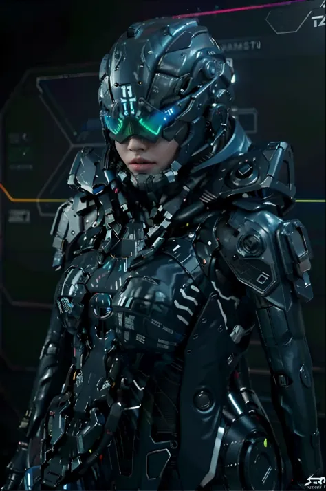 ((Best quality)), ((masterpiece)), (highly detailed:1.3), 3D,full body portrait,rfktr_technotrex, beautiful cyberpunk woman,(wearing head-mounted display that is chunky and hi-tech with neon lights:1.2),wearring a cape,computer hacking,computer terminals,s...