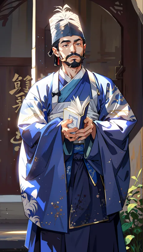 A man with a beard，Hanfu，Holding a book in his hand