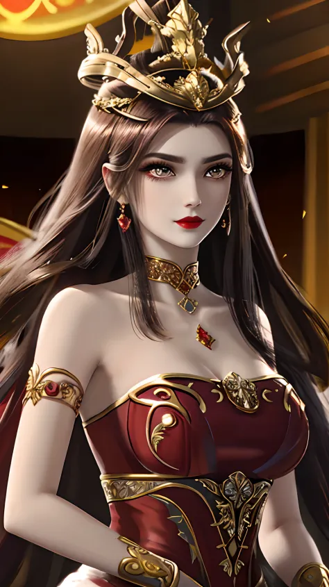 a beautiful queen wearing a red antique dress with gold trim, beautiful face, long hair, golden crown on her head, mysterious ne...