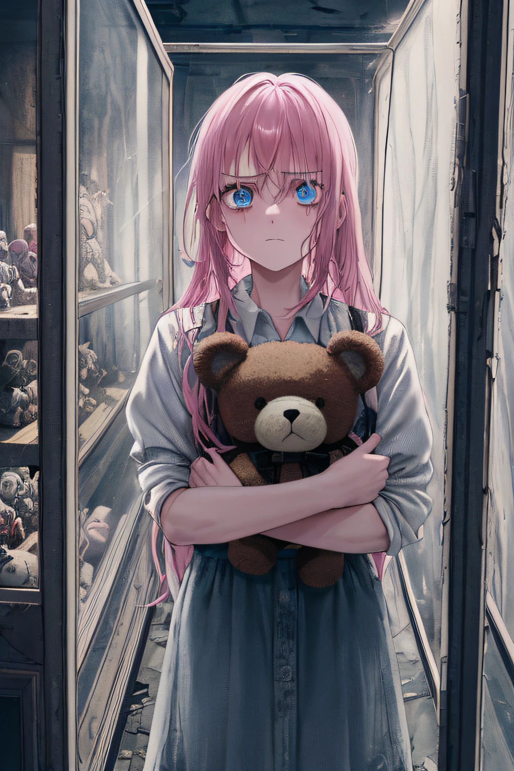 1girll, Pink hair, Blue eyes, (cowboy_Shot:1.2), Face focus, Long hair, side locks, Scared,(terrified:1.1) expression, holding teddy bear, Atmospheric lighting, Moody, Darkness, In an abandoned old museum, Clear glass display case full of interesting items, Dusty, Post-apocalypse, spiderwebs, masterful, Beautiful 8k wallpaper, Extremely detailed, Intricate