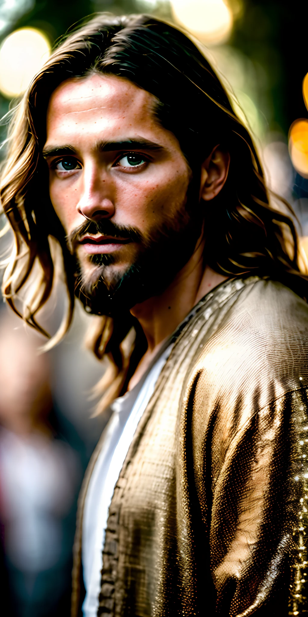 portrait of modern day Jesus, cinematic lighting, depth of field, bokeh, realism, photorealistic, hyperrealism, professional photography, uhd, dslr, hdr