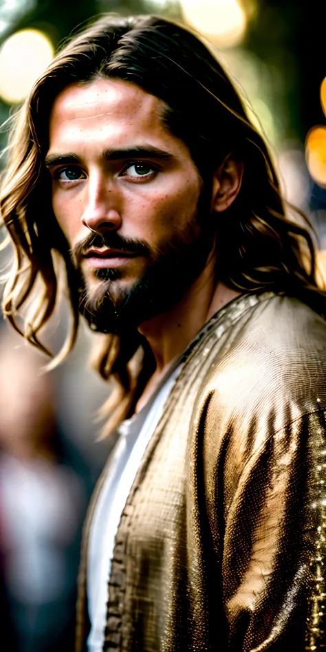 portrait of modern day jesus, cinematic lighting, depth of field, bokeh, realism, photorealistic, hyperrealism, professional pho...