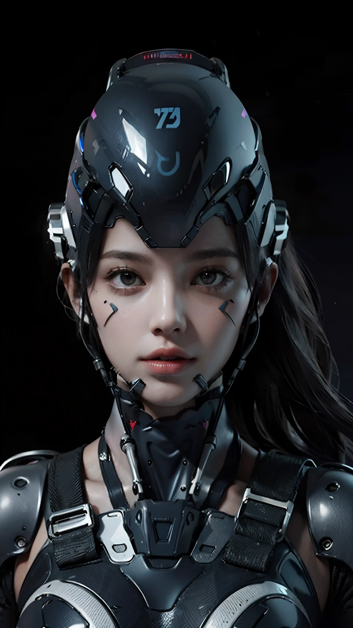 Hyper-realistic, woman , wearing futuristic vr helmet, dark background, high quality image