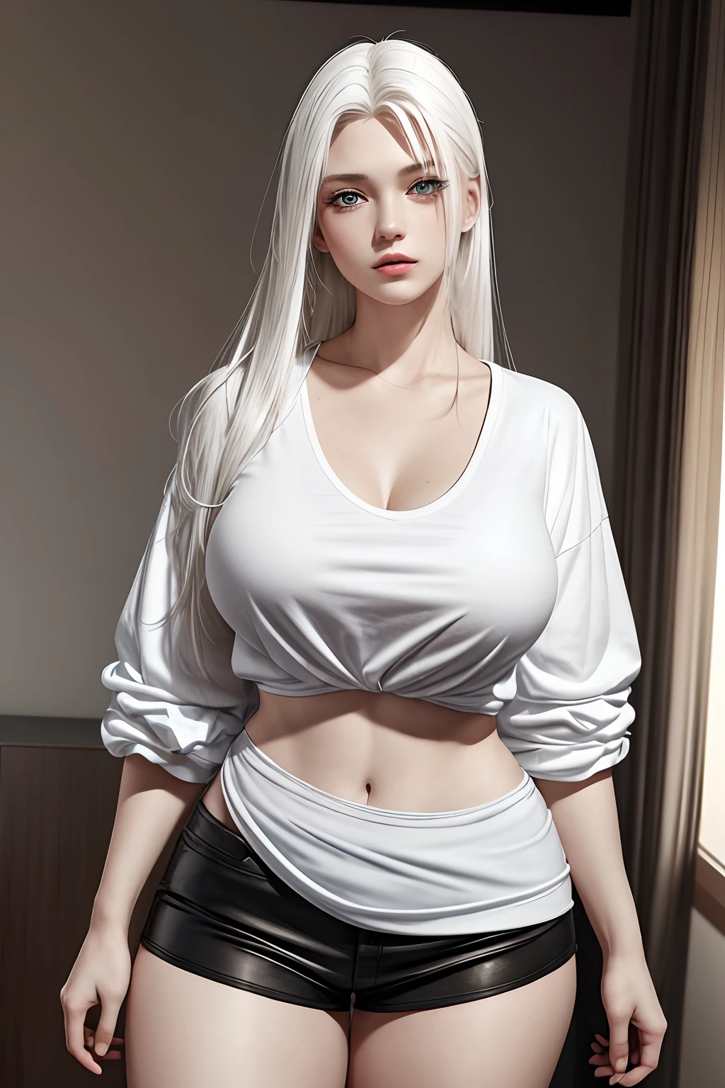 photorealistic, high resolution, 1 girl, white hair, blue eyes, loose white shirt, tight black shorts, thick thighs