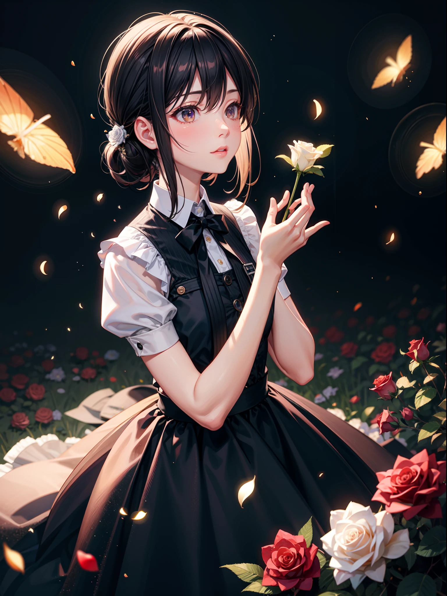 Gesichtsfokus, Meisterwerk, beste Qualität, 1 Mädchen, , Weiße Rosen, Blütenblätter, nacht hintergrund, Glühwürmchen, Lichtteilchen, Allein, Stehen, pixiv, Tiefenschärfe, Filmkomposition, beste Beleuchtung, Hoch schauen