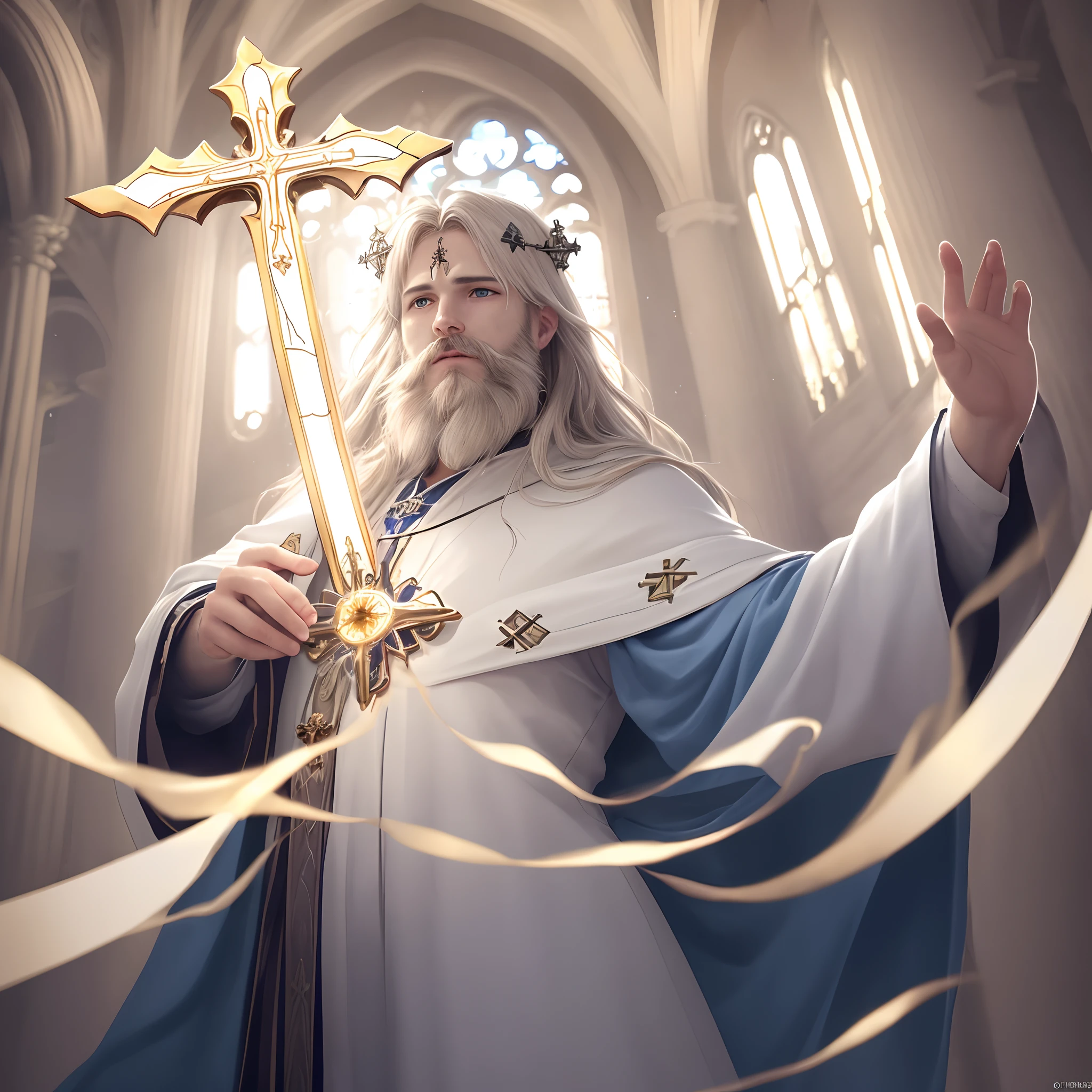 (extremely detailed CG unity 8k wallpaper, masterpiece, best quality, ultra-detailed), best illumination, best shadow, an extremely delicate and beautiful, floating,
[(1 figure), white robe, crown of thorns, savior, (beard), (blue eyes), (divine light), hands outstretched, (nail wounds on hands), dramatic angle],
(stained glass window, holy cross, church), (vastness), (sacred atmosphere).
