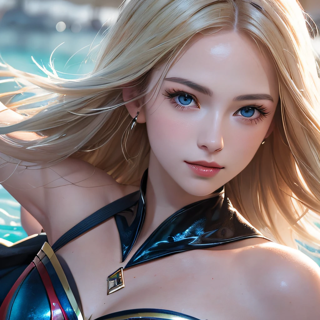 (8K, RAW Photos, of the highest quality, Masterpieces: 1.2), (Realistic, Photorealistic: 1.37), Highest Quality, Ultra High Resolution, light  leaks, Dynamic lighting, Slim and smooth skin, (Full body:1.3), (Soft Saturation: 1.6), (Fair skin: 1.2), (Glossy skin: 1.1), Oiled skin, 22 years old, Night, shiny white blonde, Well-formed, Hair fluttering in the wind, Close-up shot of face only, Physically Based Rendering, From multiple angles, A big smile, super girl, Red Eye Mask, (Open your eyes:1.4), (Paradise Lost:1.3)