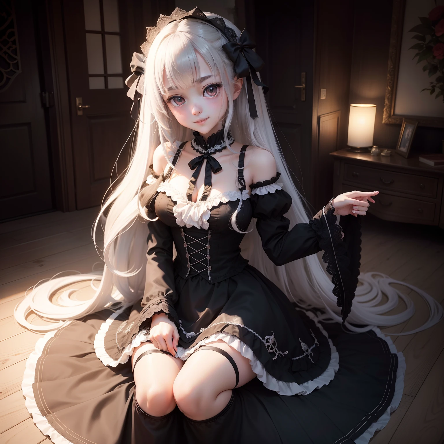 high-level image quality、​masterpiece、Raw photography、8K、detaileds、1 persons、独奏、Elaborate spherical joint doll that looks like a girl、Only one person on screen、rosen maiden（Mercury lamp）、White silver hair、Dark silver hair、Very long hair with sideburns、The bangs are in the center、Long straight hair、、Super long hair、cuticle、long hair to the waist、very long hair with habitual hair、Black headband、Black Ribbon Adorable、Rin々Right、Full body like、black feathers on the back,、large black feathers、Wearing the Black Feathers of a Fallen Angel、black feathers on the back,、Crimson eyes、Redeye、Thin eyebrows、Suspended Eyes、Fishing eyes、huge smile、Personality Tough、Fluffy smile、Gothic Lolita Fashion、black and white clothes、Reverse cross embroidery on black skirt、Fluttering lace skirt、Medium Beautiful Breasts、Swaying udder、Underdeveloped girls、Saint a girl、 Spherical Joint Doll、The gaze is watching the viewing、Lying on the floor、M-shaped legs、Place your arms on the ground、in a house、Inside a Nordic castle、a bed、Night、Red cheeks、excited、Contemptuous gaze