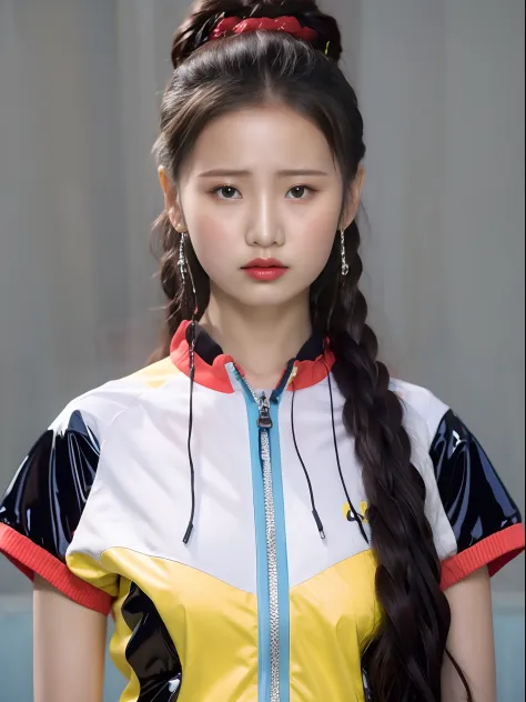 A Chinese high school girl，PVC yellow and blue sportswear，zippers