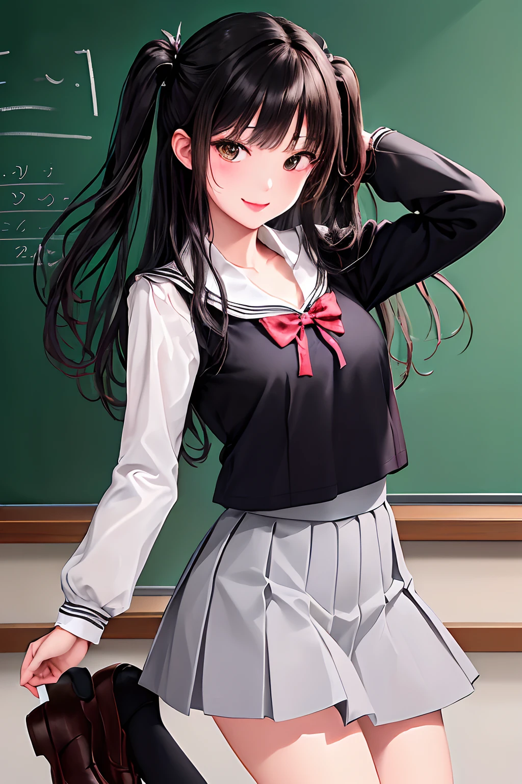 ​masterpiece、top-quality、girl with、Long、A dark-haired、bluntbangs、side locks、student clothes、collars、Short ruffled skirt、cowboy  shot:P、a smile、(Tememe:1.2)、hair adornments、shoe、‎Classroom、chalk board