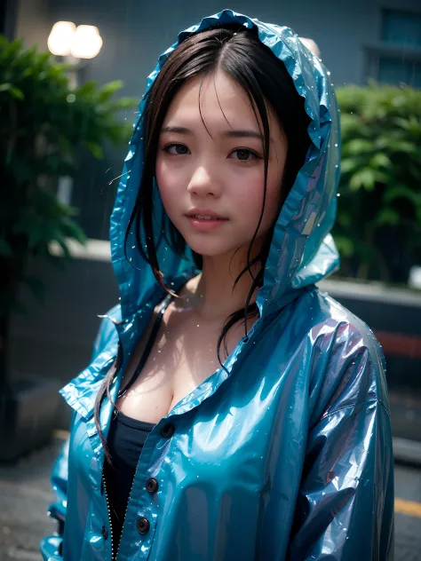 Beautie、18year old、A smile、during daytime、Woman in Alafe raincoat standing in rain, she is wearing a wet coat, raining portrait,...