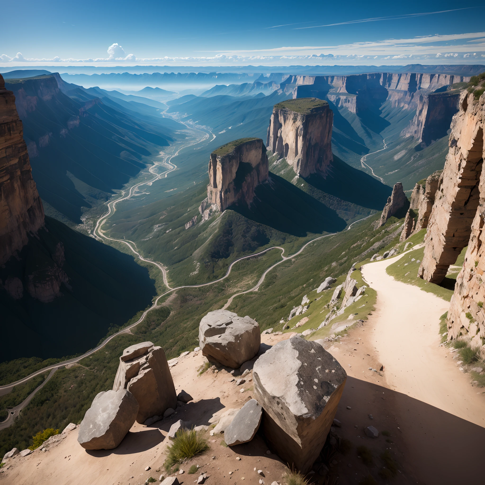 Eine exotische, außerirdische Landschaft einer anderen Welt, Berge, Täler, Schluchten, klarer Himmel