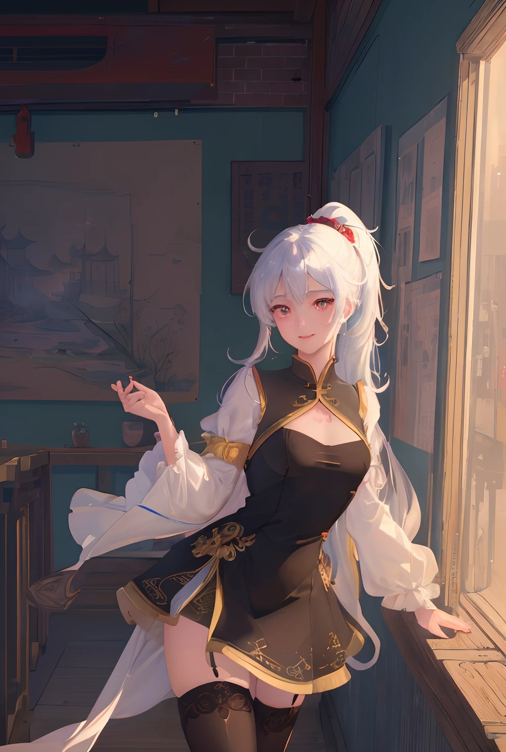 art by Cornflower, dreamy,(masterpiece,best quality,1girl,Amazing,beautiful detailed eyes,finely detail,Depth of field,extremely detailed CG,original, extremely detailed wallpaper,china town,bent over,black_thighhighs,china dress,red eye,white hair,outstretched arm,ponytail,light smile,sideways glance,),((best quality, masterpiece, illustration, an extremely delicate and beautiful, extremely detailed ,CG ,unity ,wallpaper,photorealistc, masterpiece, 4k, 8k, highres)), beautiful background,