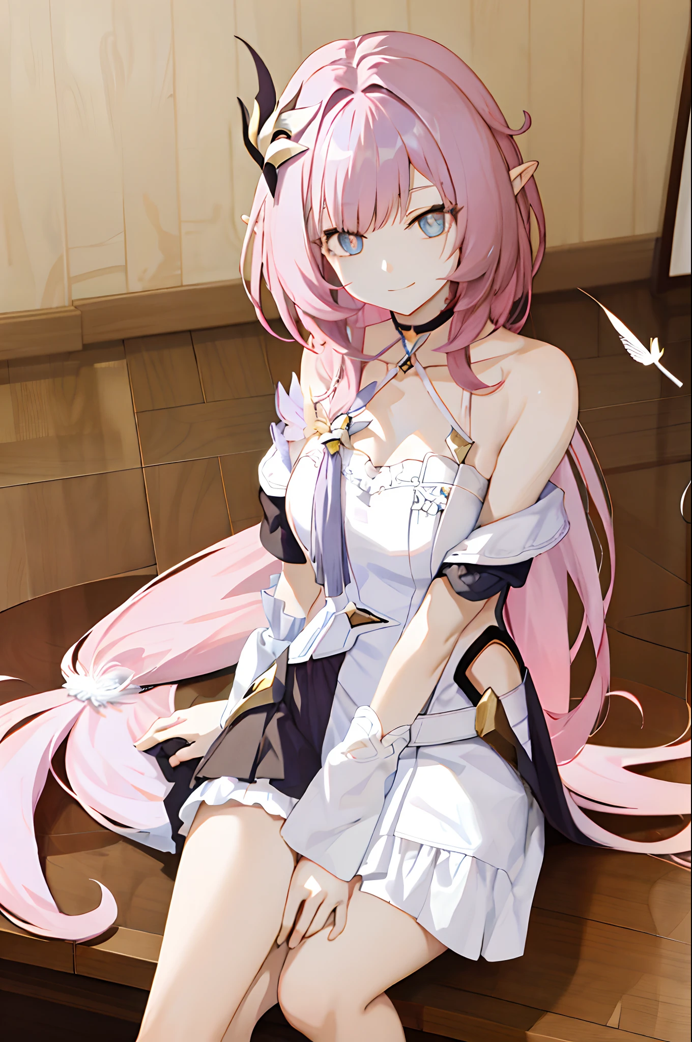 quadratic element，Honkai 3，Alicia，(((A pink-haired)))，blue color eyes，long whitr hair，A busty woman，best qualityer，The pointed ears are slightly shorter，By bangs，dated，Long eyelashes，（（dishiveredhair）），（（White feather hair ornament）），ssmile，White off-the-shoulder ceremony，Palm up，Dull hair，anime artsyle,Genshin Impact，long whitr hair，extra very long hair，ventania，sitting before a table，Look ahead，Anime girl sitting at table,long and flowing hair，At home，Affectionate look