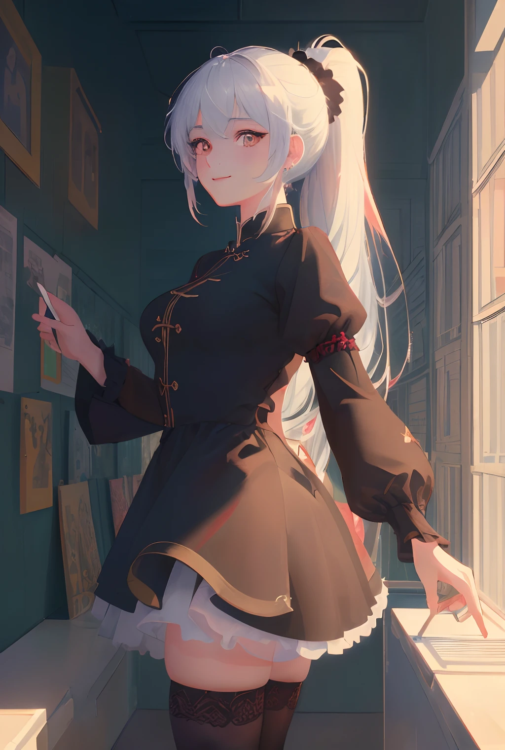 art by Cornflower, dreamy,(masterpiece,best quality,1girl,Amazing,beautiful detailed eyes,finely detail,Depth of field,extremely detailed CG,original, extremely detailed wallpaper,china town,bent over,black_thighhighs,china dress,red eye,white hair,outstretched arm,ponytail,light smile,sideways glance,),((best quality, masterpiece, illustration, an extremely delicate and beautiful, extremely detailed ,CG ,unity ,wallpaper,photorealistc, masterpiece, 4k, 8k, highres)), beautiful backgroud,