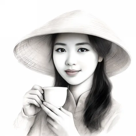 drawing of a woman in a hat holding a cup of coffee, vietnamese woman, pencil drawing illustration, detailed illustration portra...